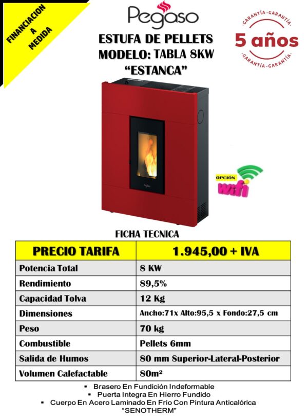 Estufa de pellets Pasillera mod. TABLA 8KW "ESTANCA" - Imagen 2